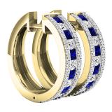 18K Yellow Gold Princess Blue Sapphire & Round White Diamond Ladies Fashion Hoop Earrings