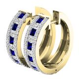 18K Yellow Gold Princess Blue Sapphire & Round White Diamond Ladies Fashion Hoop Earrings
