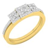 0.60 Carat (ctw) 10K Yellow Gold Princess & Round White Diamond 3 Stone Bridal Engagement Ring Set