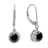 14K White Gold 5 MM Each Round Black Sapphire & Diamond Ladies Halo Style Dangling Drop Earrings