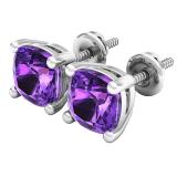 14K White Gold 6 MM Each Cushion Amethyst Ladies Solitaire Stud Earrings