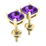14K Yellow Gold 6 MM Each Cushion Amethyst Ladies Solitaire Stud Earrings