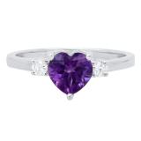 10K White Gold 7 MM Heart Amethyst & Round White Diamond Ladies Bridal 3 Stone Engagement Ring