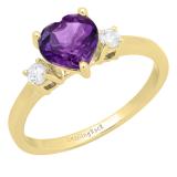 10K Yellow Gold 7 MM Heart Amethyst & Round White Diamond Ladies Bridal 3 Stone Engagement Ring