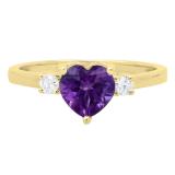 10K Yellow Gold 7 MM Heart Amethyst & Round White Diamond Ladies Bridal 3 Stone Engagement Ring