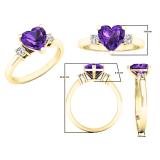 10K Yellow Gold 7 MM Heart Amethyst & Round White Diamond Ladies Bridal 3 Stone Engagement Ring