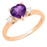 14K Rose Gold 7 MM Heart Amethyst & Round White Diamond Ladies Bridal 3 Stone Engagement Ring