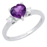 14K White Gold 7 MM Heart Amethyst & Round White Diamond Ladies Bridal 3 Stone Engagement Ring