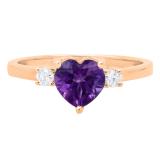 18K Rose Gold 7 MM Heart Amethyst & Round White Diamond Ladies Bridal 3 Stone Engagement Ring
