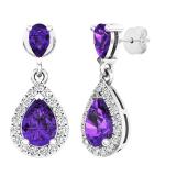 10K White Gold 7X5 MM Each Pear Amethyst & Round White Diamond Ladies Dangling Drop Earrings