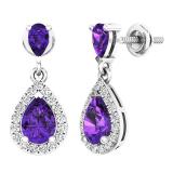 14K White Gold 7X5 MM Each Pear Amethyst & Round White Diamond Ladies Dangling Drop Earrings