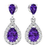 14K White Gold 7X5 MM Each Pear Amethyst & Round White Diamond Ladies Dangling Drop Earrings