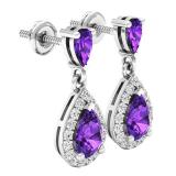 14K White Gold 7X5 MM Each Pear Amethyst & Round White Diamond Ladies Dangling Drop Earrings