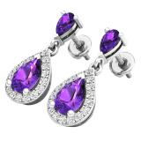 14K White Gold 7X5 MM Each Pear Amethyst & Round White Diamond Ladies Dangling Drop Earrings