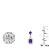 14K White Gold 7X5 MM Each Pear Amethyst & Round White Diamond Ladies Dangling Drop Earrings