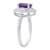 18K White Gold 8X6 MM Oval Amethyst & Round White Diamond Ladies Bridal Halo Style Engagement Ring