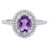 18K White Gold 8X6 MM Oval Amethyst & Round White Diamond Ladies Bridal Halo Style Engagement Ring