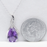 Sterling Silver 15X10 MM Pear Amethyst & Round Diamond Ladies Pendant (Silver Chain Included)