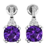 Sterling Silver 6 MM Each Cushion Amethyst & Round White Diamond Ladies Halo Drop Earrings