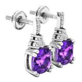 Sterling Silver 6 MM Each Cushion Amethyst & Round White Diamond Ladies Halo Drop Earrings