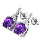 Sterling Silver 6 MM Each Cushion Amethyst & Round White Diamond Ladies Halo Drop Earrings