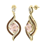 18K Yellow Gold 8 MM Each Cushion Morganite & Round Champagne & White Diamond Drop Earrings