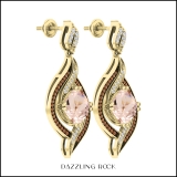 18K Yellow Gold 8 MM Each Cushion Morganite & Round Champagne & White Diamond Drop Earrings