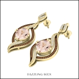 18K Yellow Gold 8 MM Each Cushion Morganite & Round Champagne & White Diamond Drop Earrings