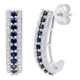 Sterling Silver Round Blue Sapphire & White Diamond Ladies Huggies Hoop Earrings