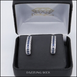 Sterling Silver Round Blue Sapphire & White Diamond Ladies Huggies Hoop Earrings