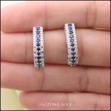 Sterling Silver Round Blue Sapphire & White Diamond Ladies Huggies Hoop Earrings