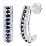Sterling Silver Round Blue Sapphire & White Diamond Ladies Huggies Hoop Earrings