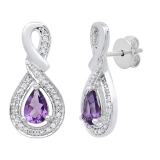 10K White Gold 6X4 MM Each Pear Amethyst & Round Diamond Ladies Drop Earrings