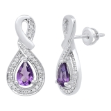 14K White Gold 6X4 MM Each Pear Amethyst & Round Diamond Ladies Drop Earrings