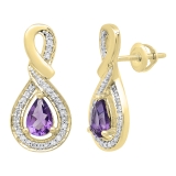 14K Yellow Gold 6X4 MM Each Pear Amethyst & Round Diamond Ladies Drop Earrings