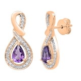 18K Rose Gold 6X4 MM Each Pear Amethyst & Round Diamond Ladies Drop Earrings