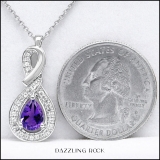 10K White Gold 7X5 MM Pear Amethyst & Round Diamond Ladies Pendant (Silver Chain Included)