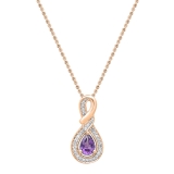18K Rose Gold 7X5 MM Pear Amethyst & Round Diamond Ladies Pendant (Gold Chain Included)