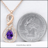 18K Rose Gold 7X5 MM Pear Amethyst & Round Diamond Ladies Pendant (Gold Chain Included)