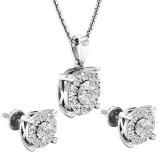 1.00 Carat (ctw) Sterling Silver Round White Diamond Ladies Halo Style Earring & Pendant Set 1 CT