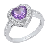 14K White Gold 8 MM Heart Amethyst & Round White Diamond Bridal Halo Engagement Band Ring