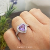 14K White Gold 8 MM Heart Amethyst & Round White Diamond Bridal Halo Engagement Band Ring