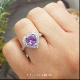 14K White Gold 8 MM Heart Amethyst & Round White Diamond Bridal Halo Engagement Band Ring