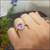 18K Rose Gold 8 MM Heart Amethyst & Round White Diamond Bridal Halo Engagement Band Ring
