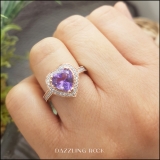 18K Rose Gold 8 MM Heart Amethyst & Round White Diamond Bridal Halo Engagement Band Ring