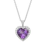 Sterling Silver 12 MM Heart Amethyst & Round White Diamond Ladies Pendant (Silver Chain Included)