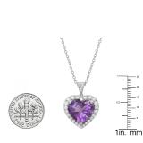 Sterling Silver 12 MM Heart Amethyst & Round White Diamond Ladies Pendant (Silver Chain Included)