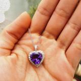 Sterling Silver 12 MM Heart Amethyst & Round White Diamond Ladies Pendant (Silver Chain Included)