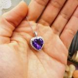 Sterling Silver 12 MM Heart Amethyst & Round White Diamond Ladies Pendant (Silver Chain Included)