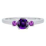 14K White Gold 5 MM Cushion & Round Amethyst Ladies Bridal 3 Stone Engagement Ring